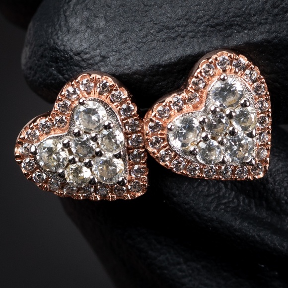 Two Tone Elegant Rose Gold Fashion Iced Women Pretty Best Cz Heart Earrings - Picture 1 of 5